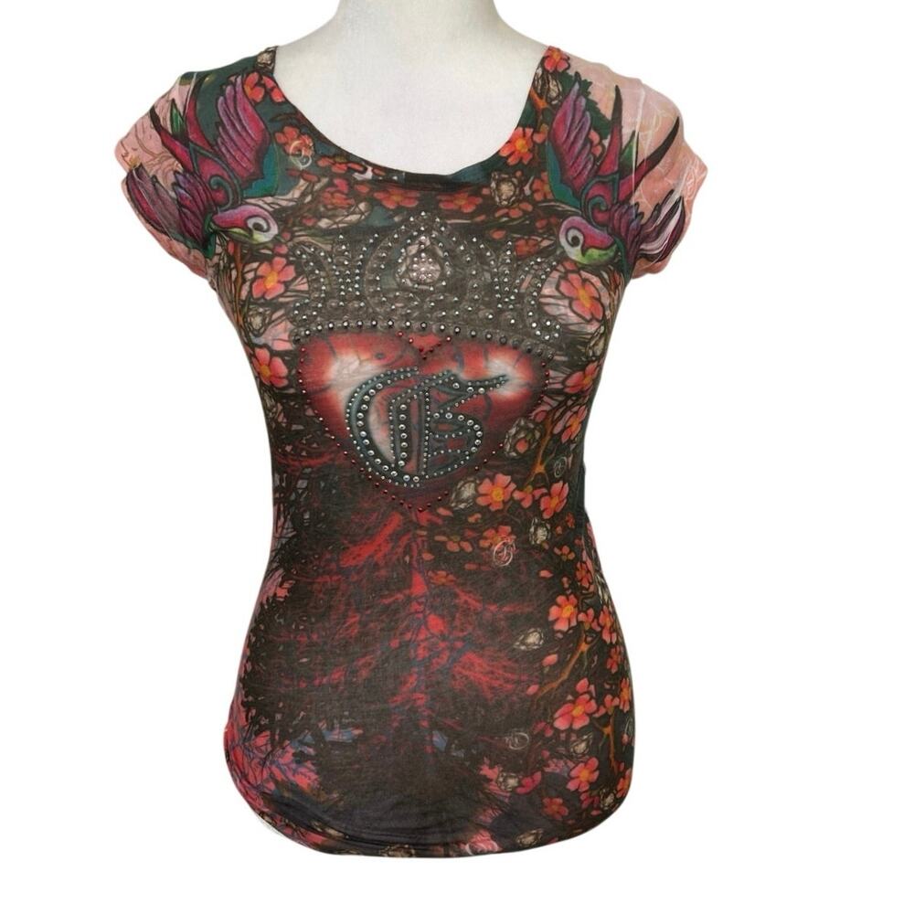 Vintage Guess Y2K Tattoo Graphic Rhinestone Baby Tee Punk Grunge Indie Burnout S